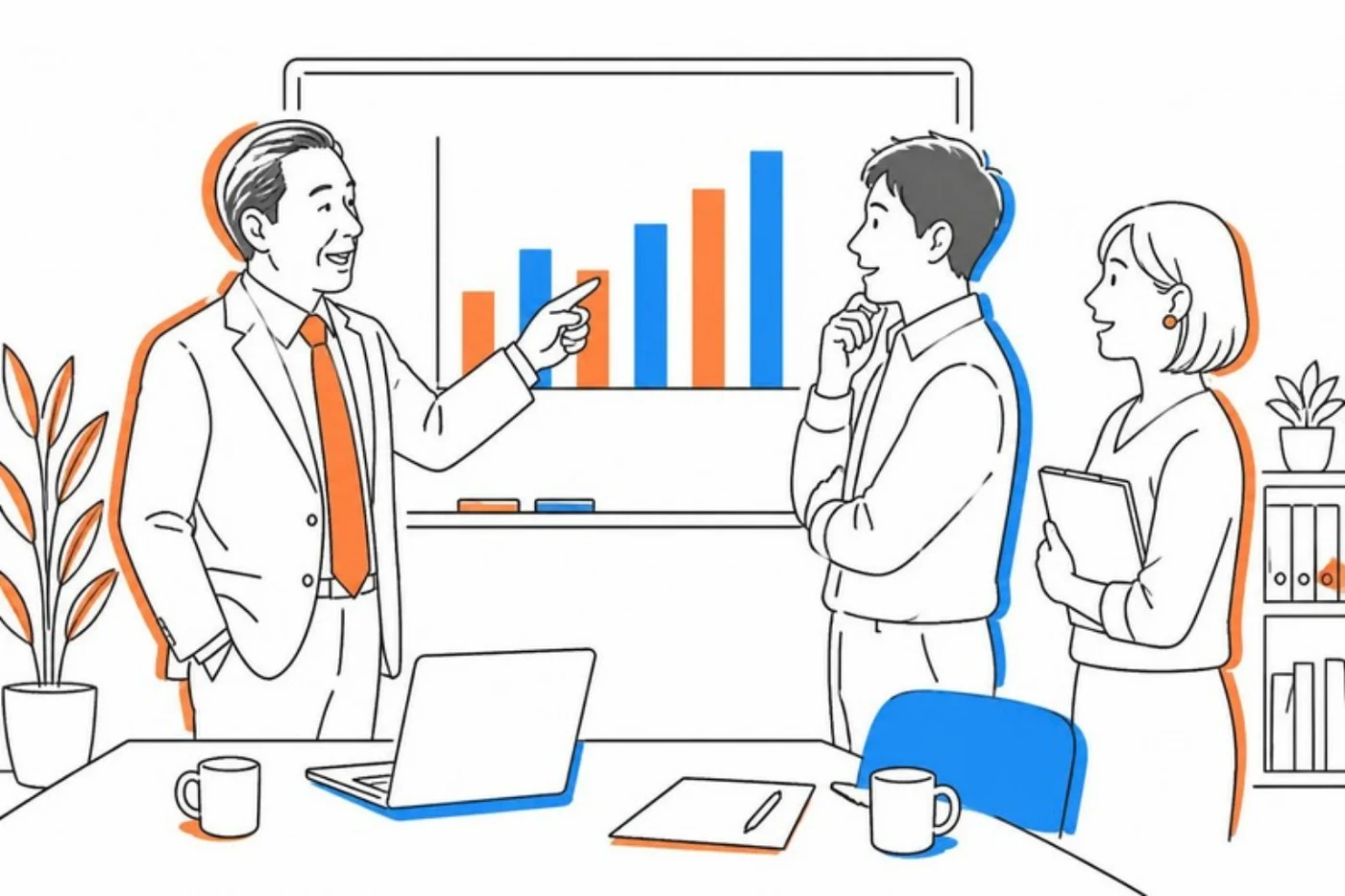 月次決算の数字を見ながら社長と社員が短いミーティングをしているイラスト