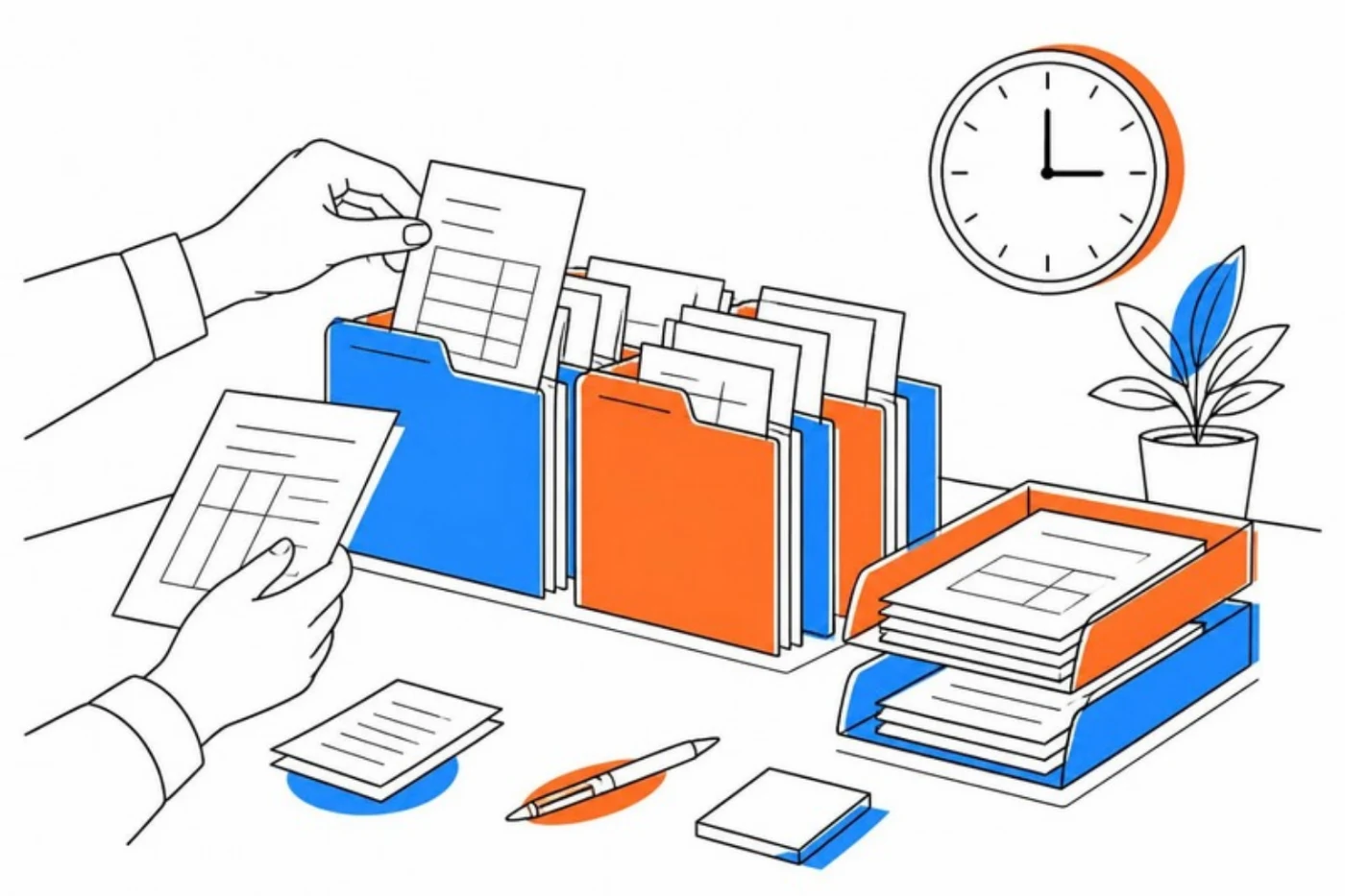 領収書や請求書を日付ごとにファイルへ仕分けているイラスト