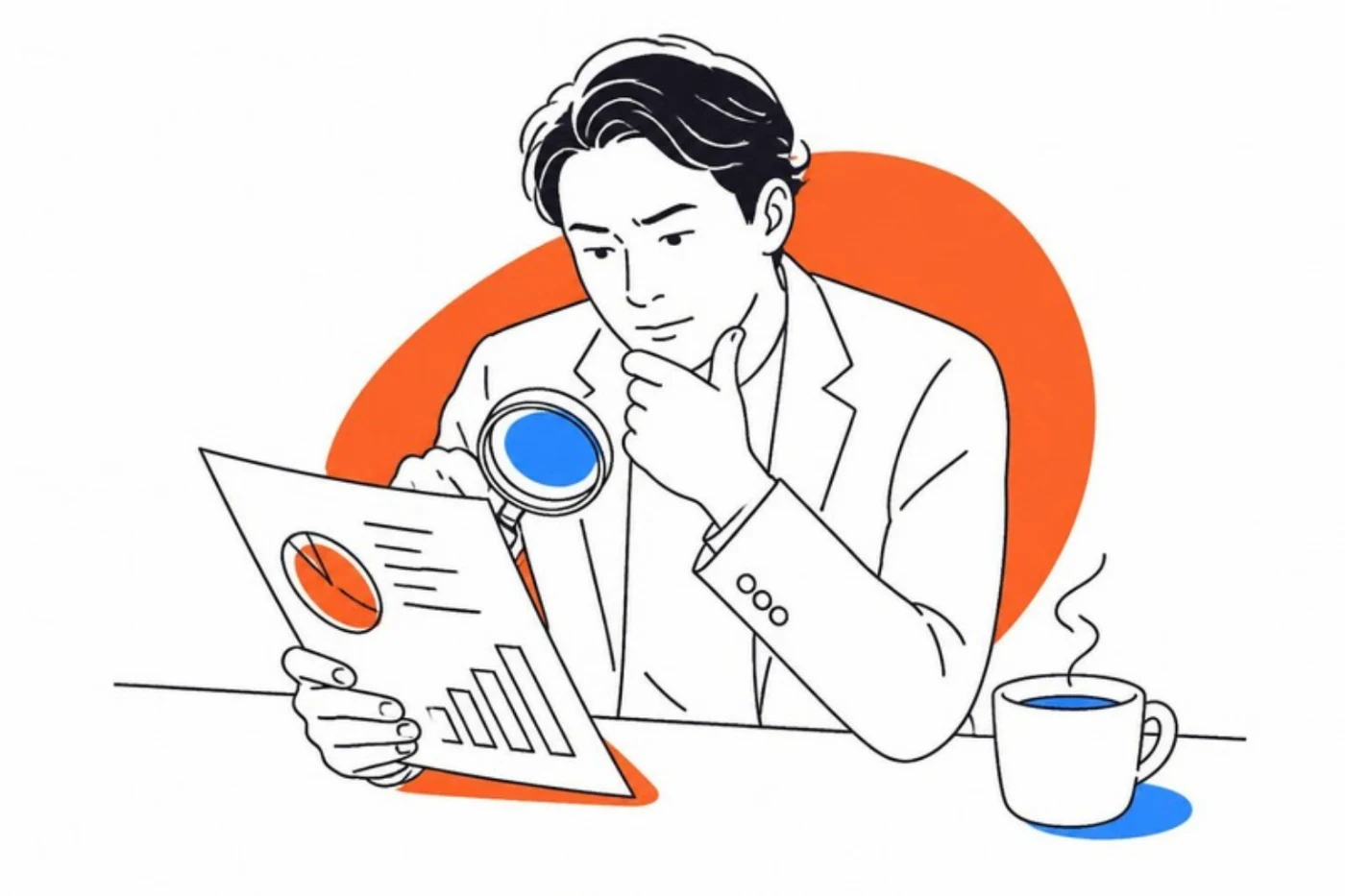 経営者が虫めがねで決算書を読み込んでいるイラスト