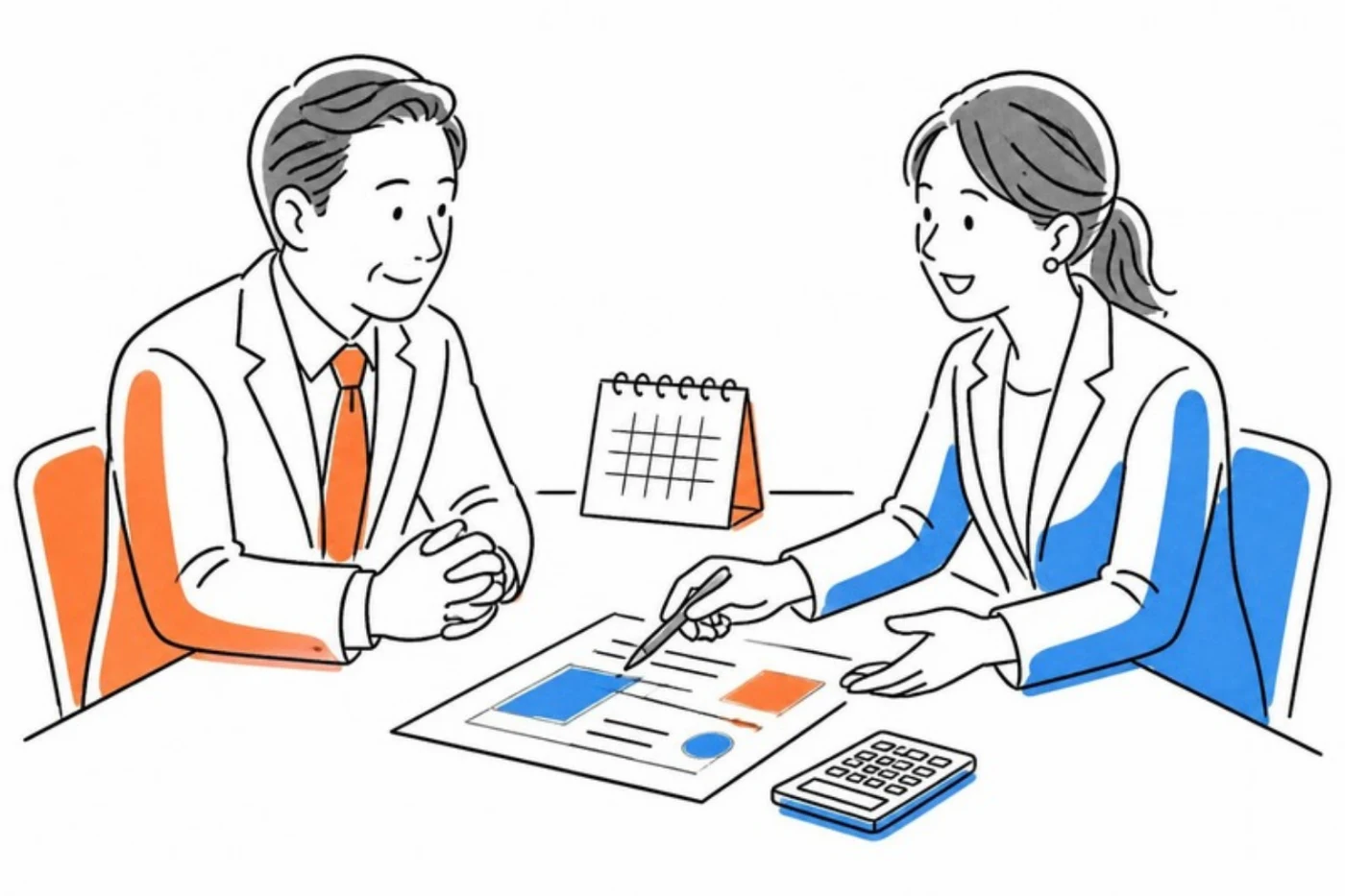 社長と相談役がカレンダーと電卓を前に報酬の計画を話し合っているイラスト