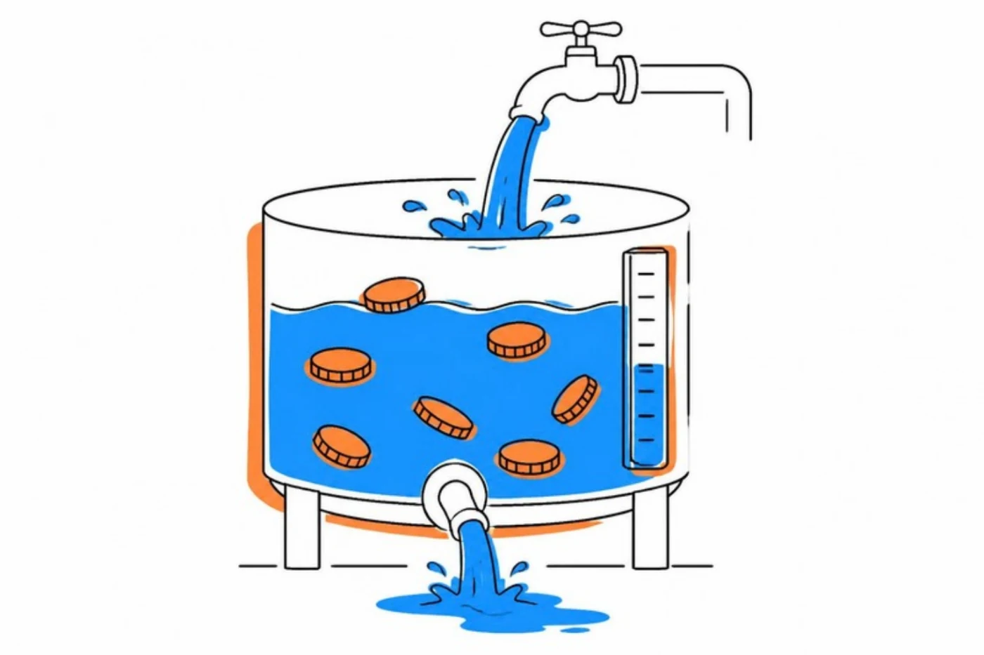 水が入り口から入り、出口から出ていくタンクで、会社のお金の出入りを表したイラスト