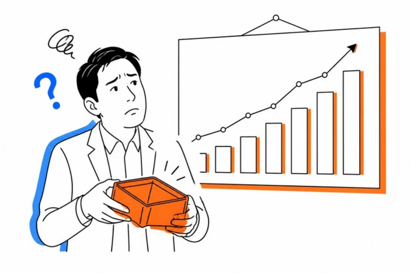 売上グラフは伸びているのに空の財布を見て困っている経営者のイラスト