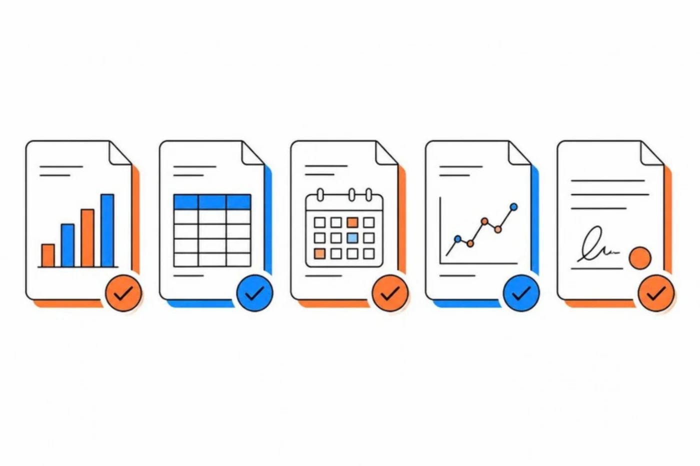チェックマークの付いた5種類の書類が並んでいるイラスト
