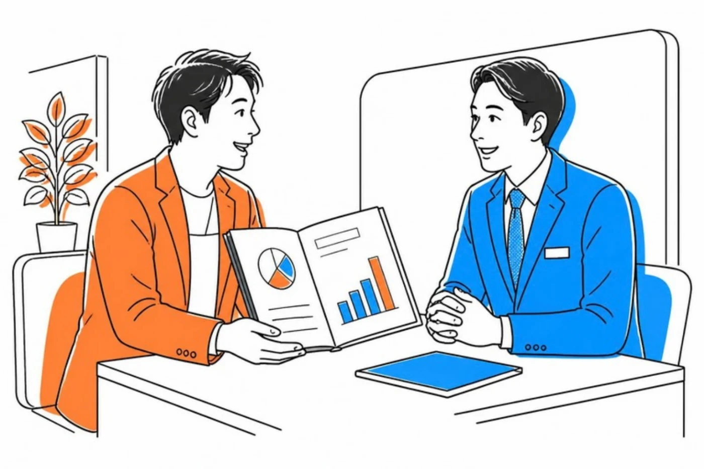 経営者が銀行の担当者に資料を見せながら説明しているイラスト