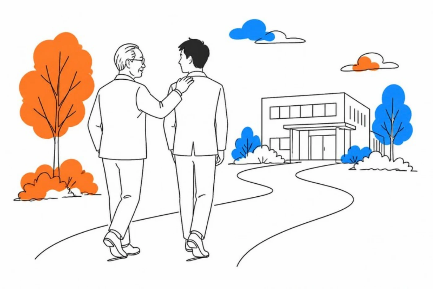 創業者と後継者が並んで会社へ向かって歩いているイラスト