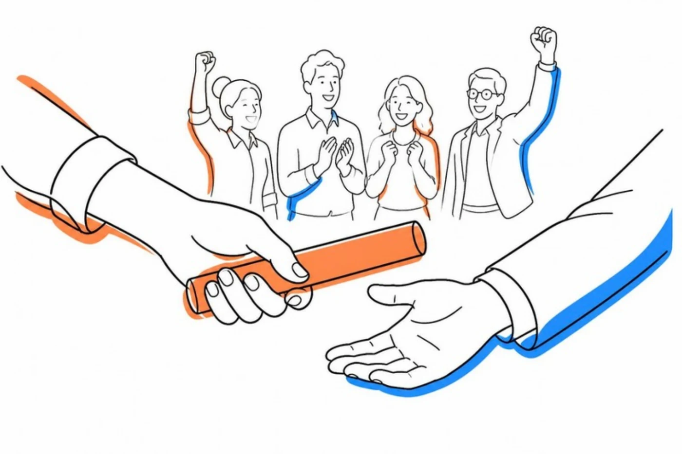 社員同士でバトンを渡し、仲間が応援しているイラスト
