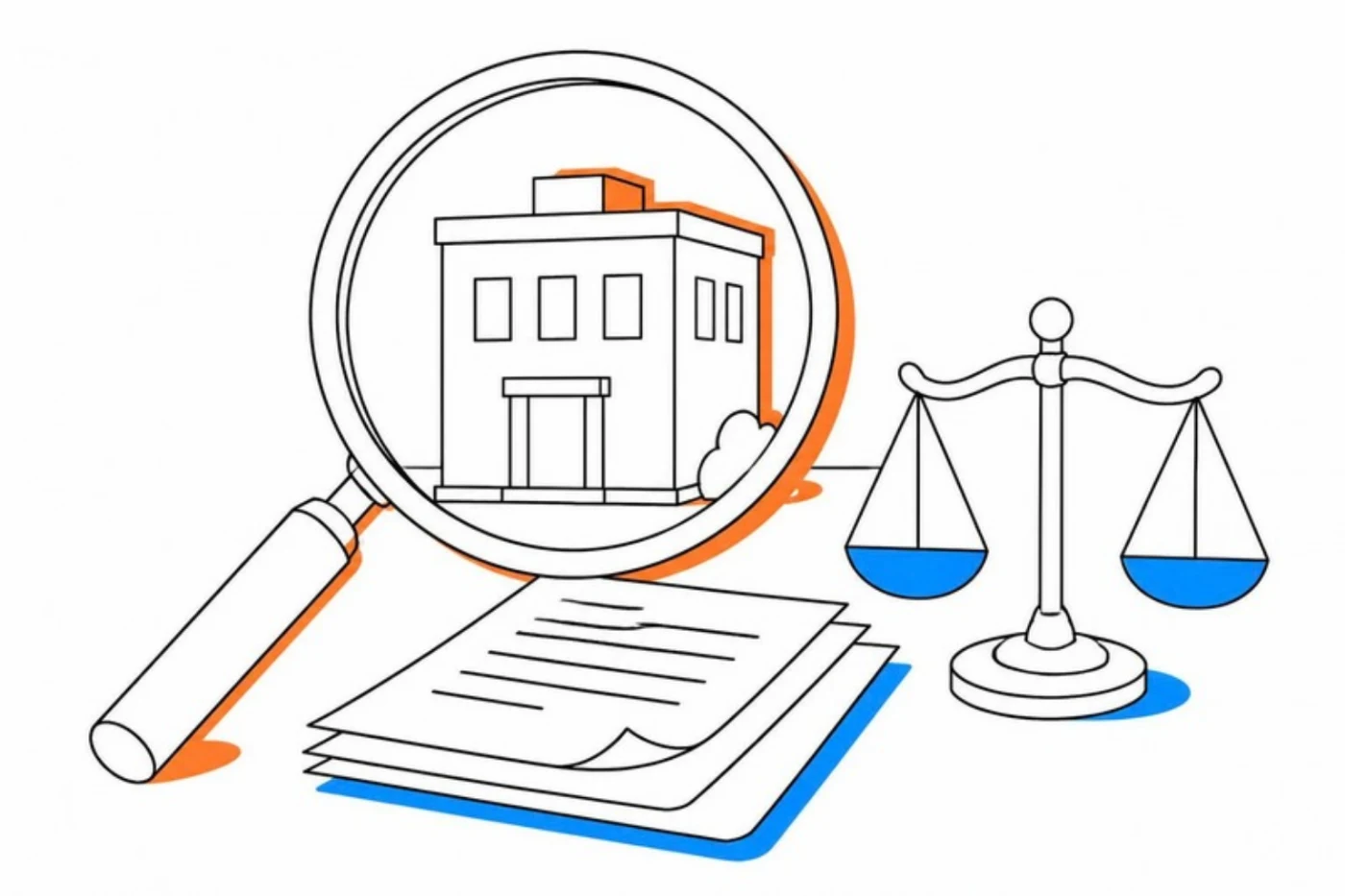 大きな虫めがねで会社の建物を調べている様子を表したイラスト