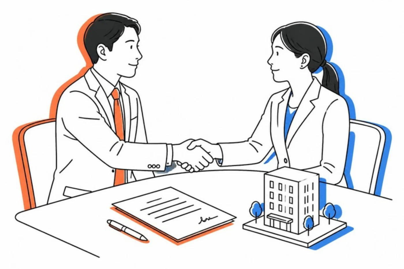 契約書を前に握手する経営者同士のイラスト