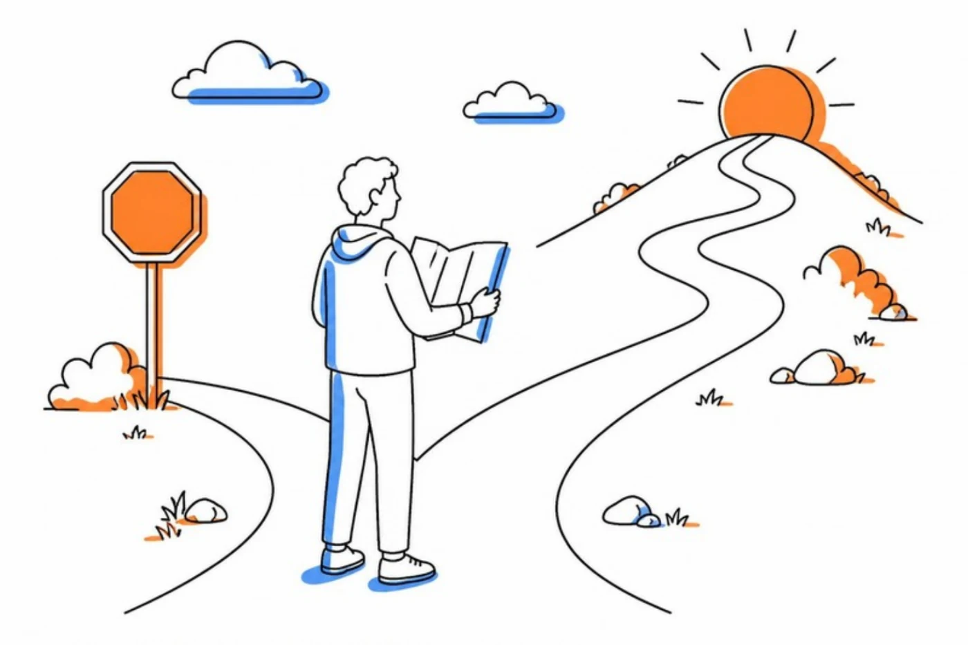 分かれ道で地図を持ち、進むか引き返すかを考えている人のイラスト
