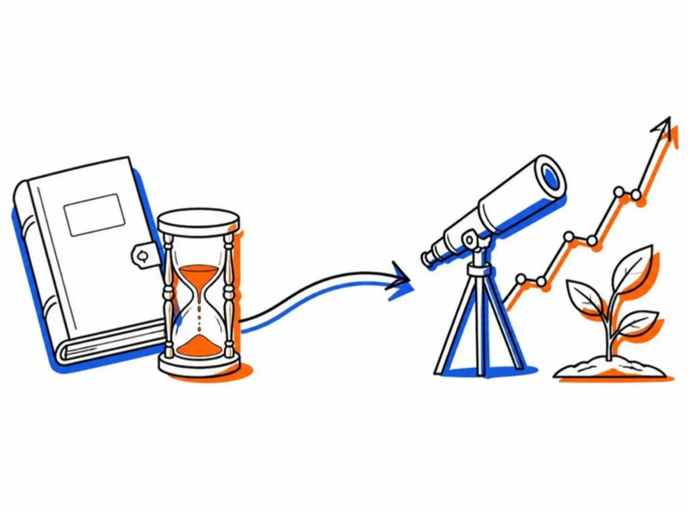 過去の決算書から未来の計画へ矢印でつながる様子を表したイラスト