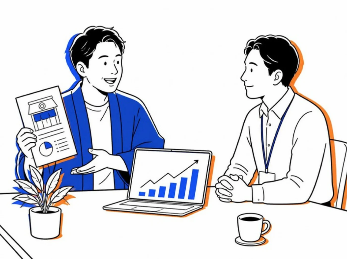 経営者が銀行の担当者に事業計画を説明しているイラスト